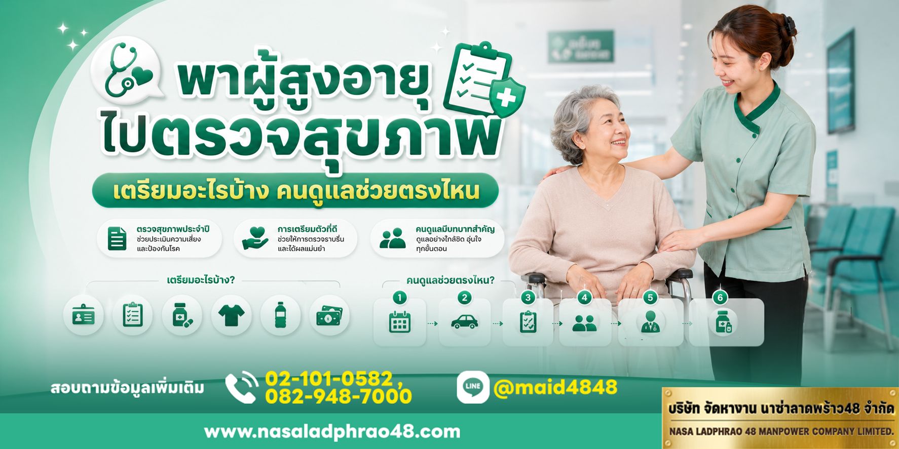 ตรวจสุขภาพผู้สูงอายุ พร้อมแฟ้มเอกสารและรายการยา|คนดูแลผู้สูงอายุช่วยจดคำแนะแพทย์หลังตรวจ