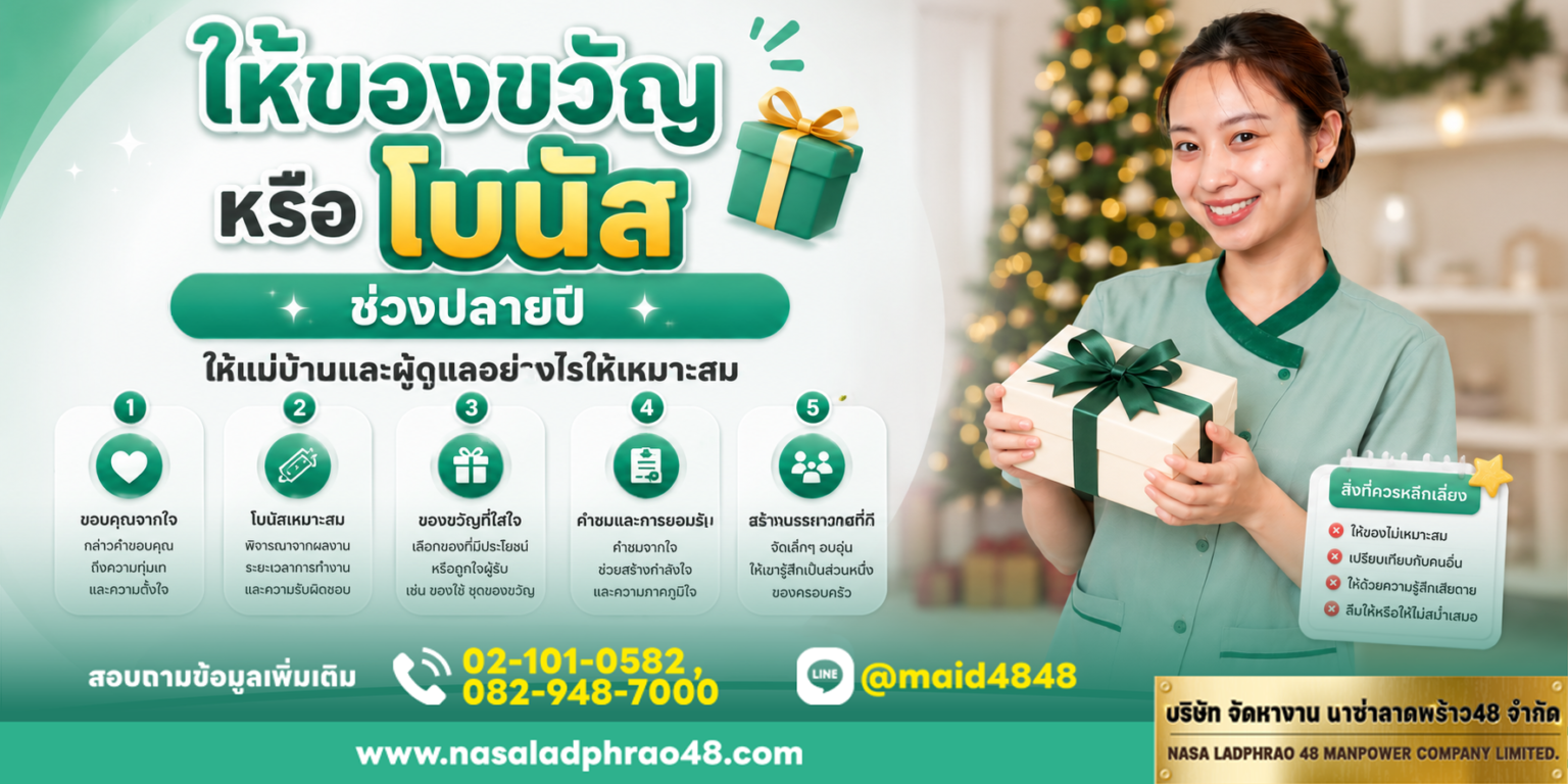 ของขวัญปลายปีห่อของขวัญและการ์ดขอบคุณบนโต๊ะรับประทาน|โบนัสแม่บ้านโอนเข้าบัญชีพร้อมสรุปเกณฑ์ครั้งเดียวให้อ่านชัด