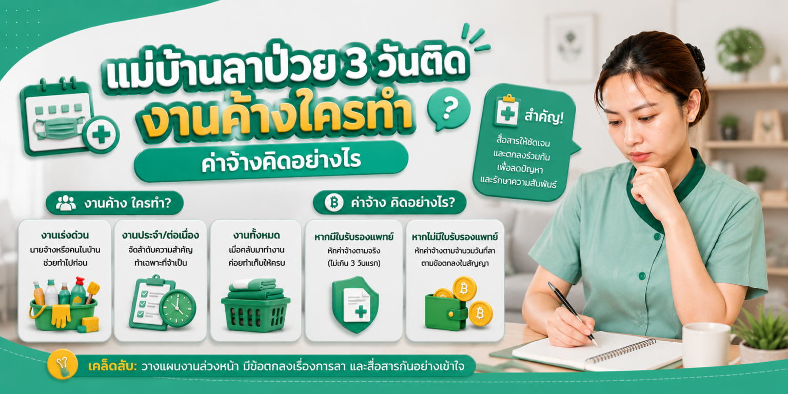 แม่บ้านลาป่วยสามวันติดและงานค้าง|ตารางค่าจ้างและแบ่งงานทดแทน